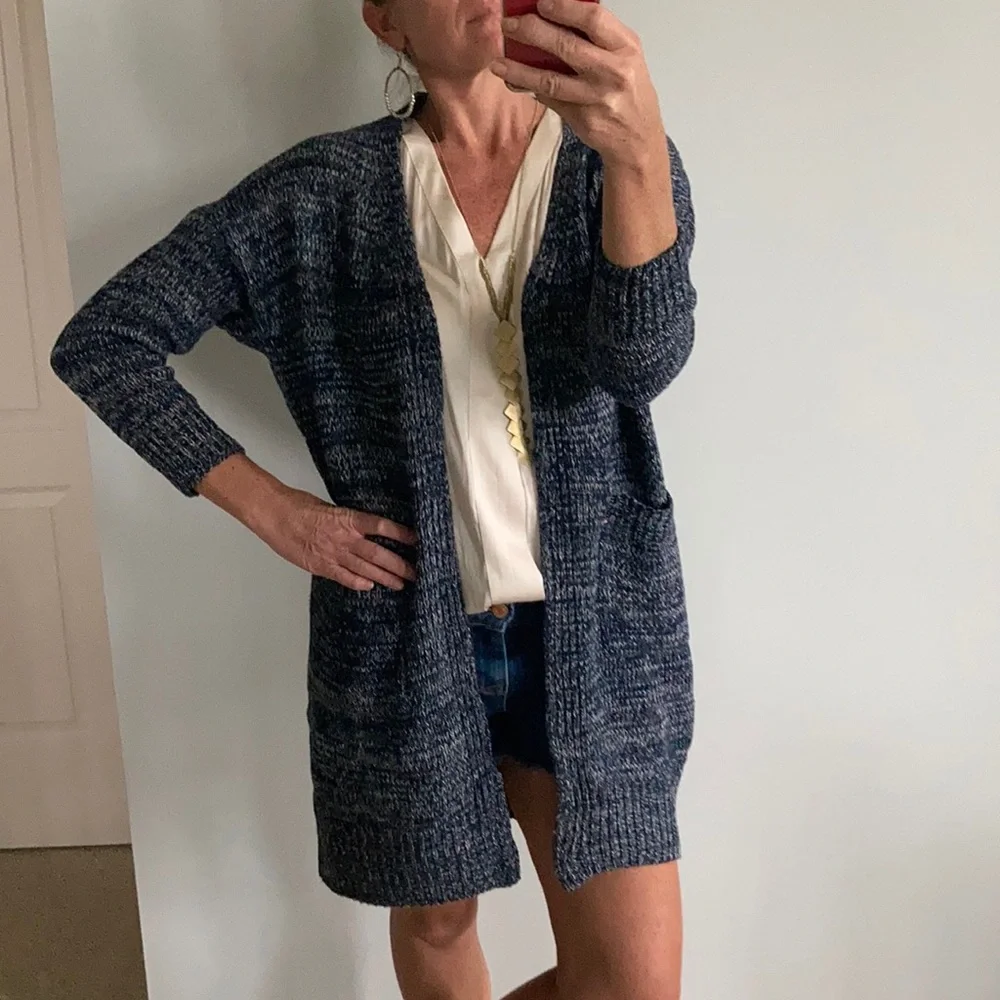 Navy Long Open Front Cardigan Sweater - Picture 7 of 11